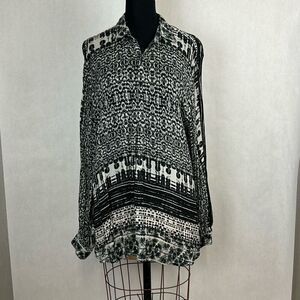 APNY Blouse Shirt Top 1/4-Button Sz XXL 2XL Black Cream Print Long Sleeve